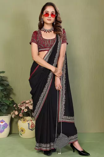 Black vichitra silk embroiderd border work saree with contrast blouse piece