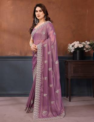 lavender embroidery georgette saree with blouse 3