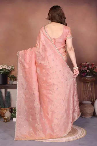 Peach crepe sequence multi work saree with matching blouse piece