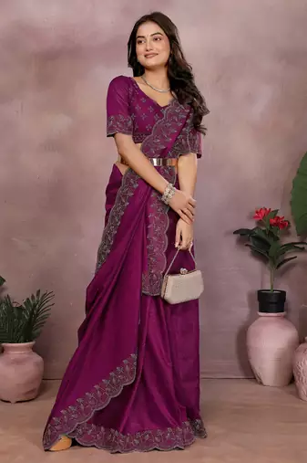 Magenta lycra swarovkshi work saree with matching blouse piece