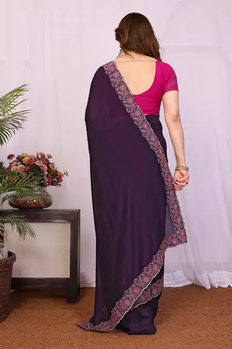 Purple vichitra silk embroidery work saree with contrast blouse piece