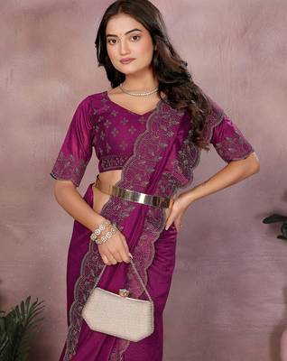 Magenta lycra swarovkshi work saree with matching blouse piece 5