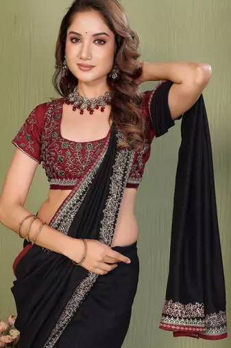 Black vichitra silk embroiderd border work saree with contrast blouse piece