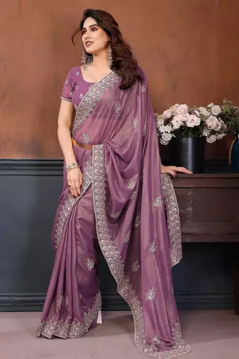 Lavender georgette embroidery coding work saree with matching blouse piece