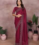 Maroon lycra swarovkshi work saree with matching blouse piece