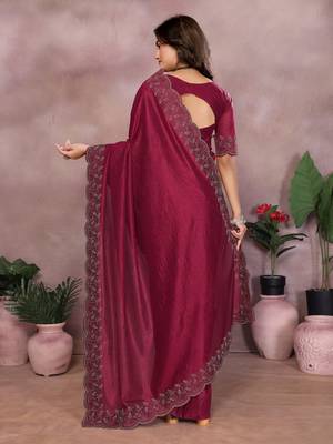 Maroon lycra swarovkshi work saree with matching blouse piece 2
