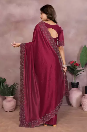 Maroon lycra swarovkshi work saree with matching blouse piece