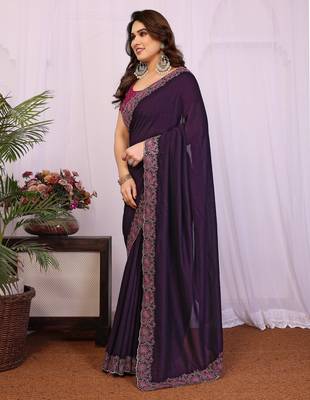 Purple vichitra silk embroidery work saree with contrast blouse piece 3