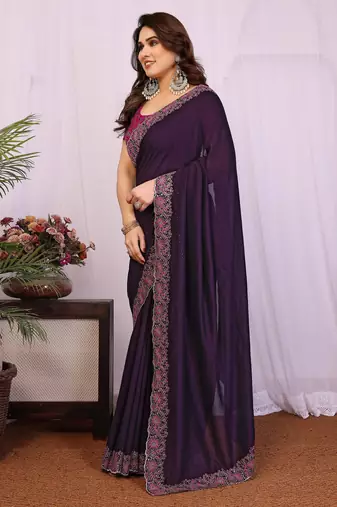Purple vichitra silk embroidery work saree with contrast blouse piece