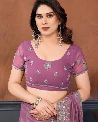 lavender embroidery georgette saree with blouse 5