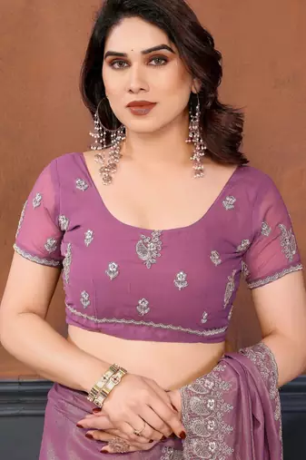 Lavender georgette embroidery coding work saree with matching blouse piece