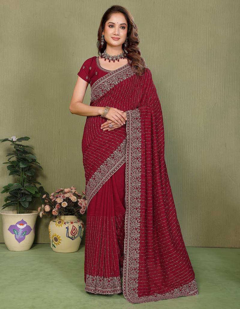 Maroon vichitra silk embroidery jari work saree with matching blouse piece
