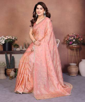 Peach crepe sequence multi work saree with matching blouse piece 4