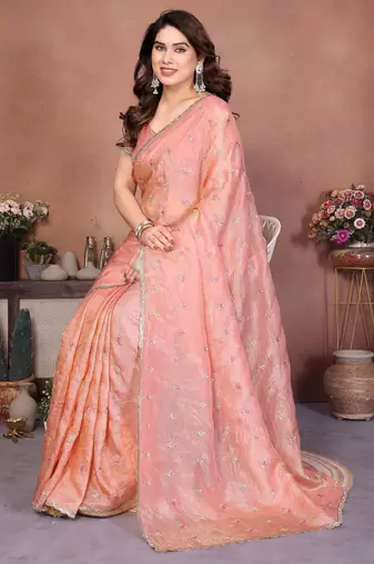 Peach crepe sequence multi work saree with matching blouse piece