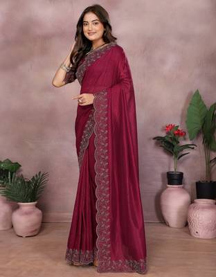 Maroon lycra swarovkshi work saree with matching blouse piece 3