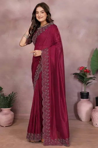 Maroon lycra swarovkshi work saree with matching blouse piece