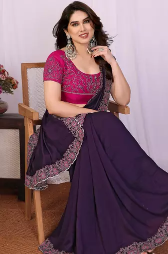 Purple vichitra silk embroidery work saree with contrast blouse piece