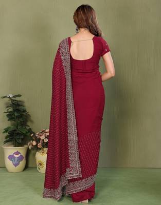 Maroon vichitra silk embroidery jari work saree with matching blouse piece 2