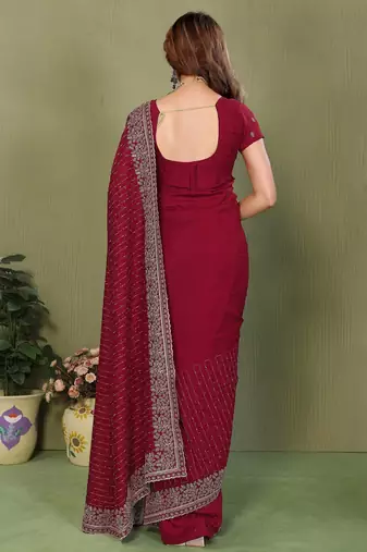 Maroon vichitra silk embroidery jari work saree with matching blouse piece