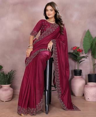 Maroon lycra swarovkshi work saree with matching blouse piece 4