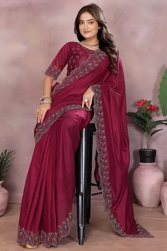 Maroon lycra swarovkshi work saree with matching blouse piece