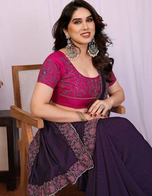 Purple vichitra silk embroidery work saree with contrast blouse piece 5