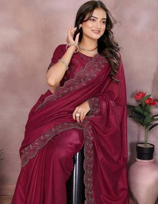 Maroon lycra swarovkshi work saree with matching blouse piece 5