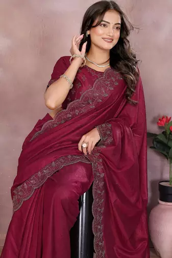 Maroon lycra swarovkshi work saree with matching blouse piece