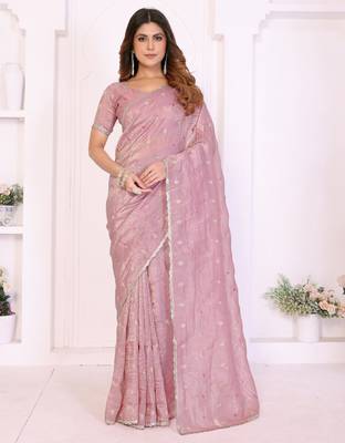 Pink crepe sequence multi work saree with matching blouse piece 1