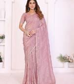Pink crepe sequence multi work saree with matching blouse piece