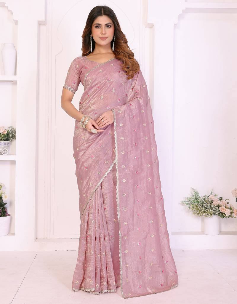 Pink crepe sequence multi work saree with matching blouse piece