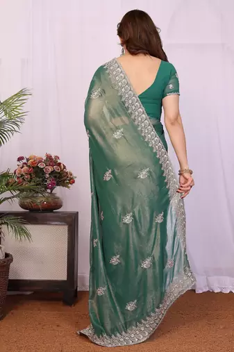Lighte green georgette embroidery coding work saree with matching blouse piece