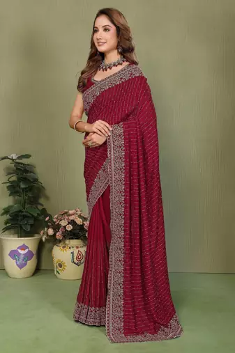 Maroon vichitra silk embroidery jari work saree with matching blouse piece