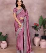 Pink vichitra silk embroidery work saree with matching blouse piece