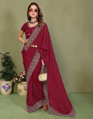 Maroon vichitra silk embroidery jari work saree with matching blouse piece 4