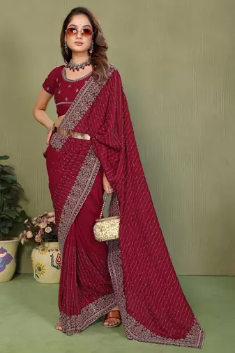 Maroon vichitra silk embroidery jari work saree with matching blouse piece