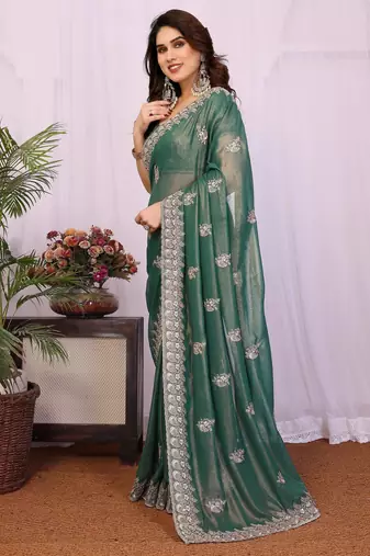 Lighte green georgette embroidery coding work saree with matching blouse piece