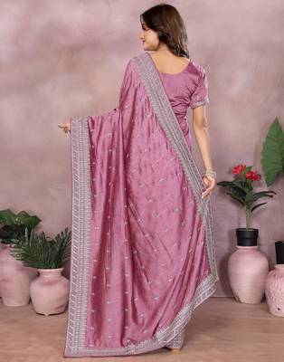 Pink vichitra silk embroidery work saree with matching blouse piece 2