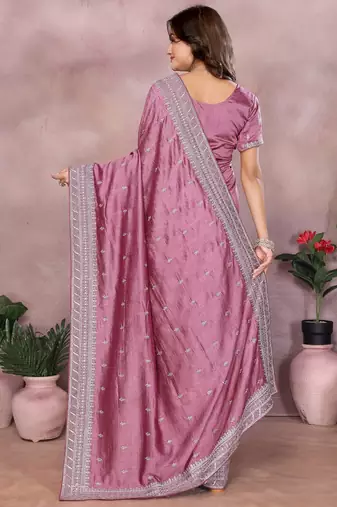 Pink vichitra silk embroidery work saree with matching blouse piece