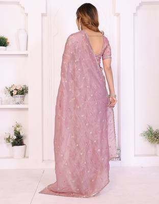 Pink crepe sequence multi work saree with matching blouse piece 2