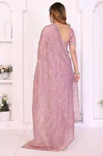 Pink crepe sequence multi work saree with matching blouse piece