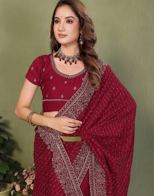Maroon vichitra silk embroidery jari work saree with matching blouse piece 5