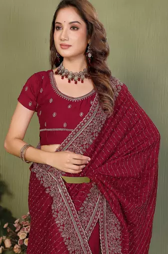 Maroon vichitra silk embroidery jari work saree with matching blouse piece