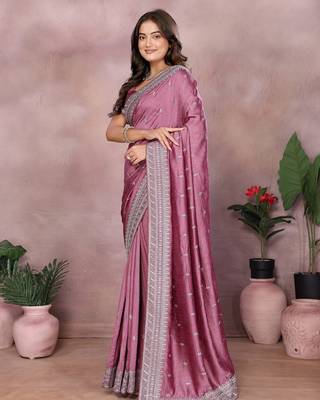 Pink vichitra silk embroidery work saree with matching blouse piece 3