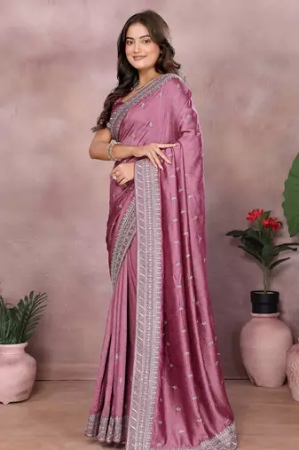 Pink vichitra silk embroidery work saree with matching blouse piece