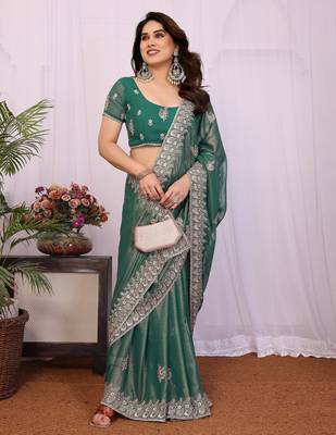light green embroidery georgette saree with blouse 4