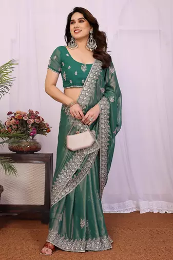 Lighte green georgette embroidery coding work saree with matching blouse piece