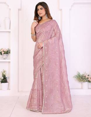 Pink crepe sequence multi work saree with matching blouse piece 3