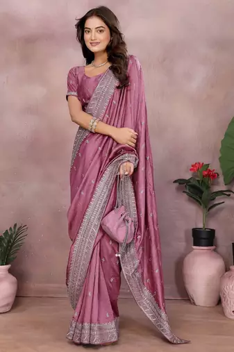 Pink vichitra silk embroidery work saree with matching blouse piece
