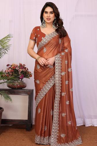 Rust orange georgette embroidery coding work saree with matching blouse piece